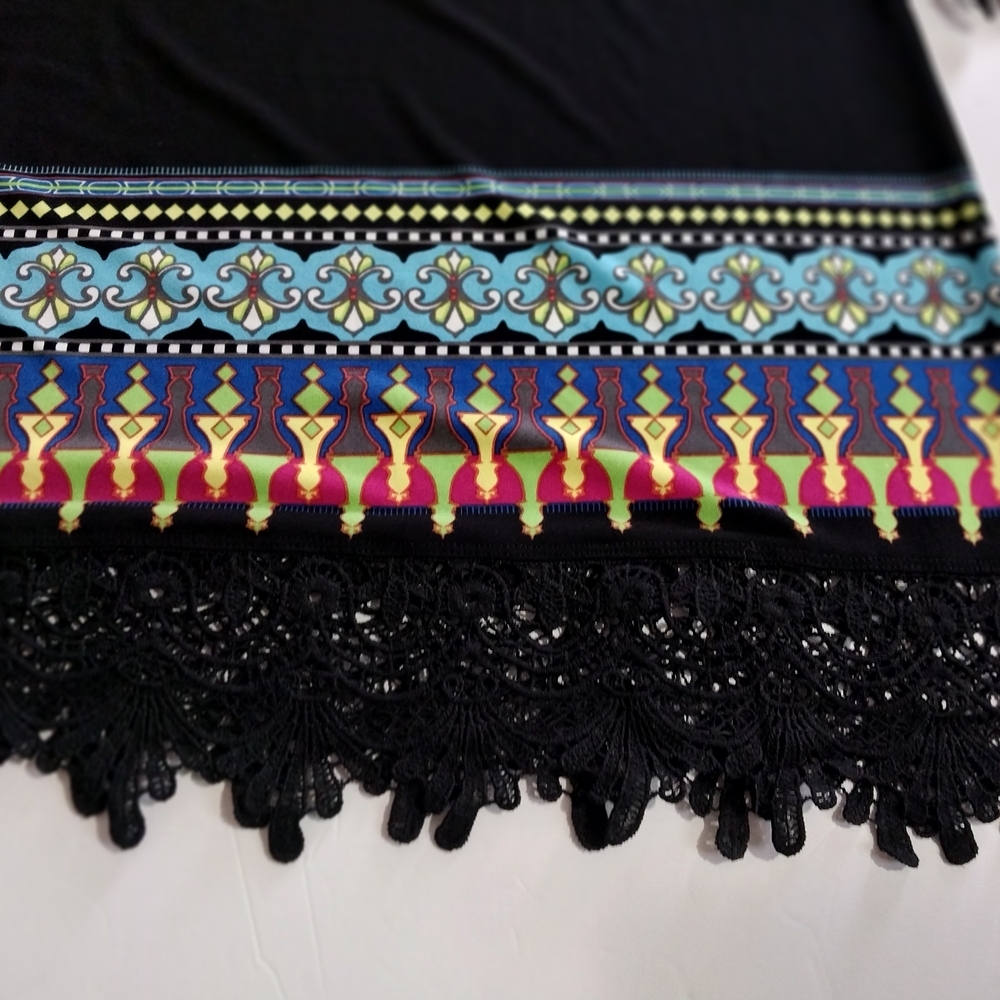 Ali Miles Black Tunic with Multicolor Geometric Trim and Crochet Hem - Picture 10 of 15